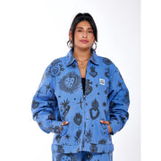 Hija De Tu Madre Unisex Zip-Up Jacket, Dutch Blue Cotton Twill, Sacred Heart Graphic, Relaxed Fit, XS-3XL