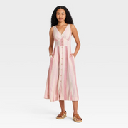 Universal Thread Women's Woven Button-Front Midi Sundress, Pink Striped, XS