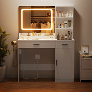 Hommpa Makeup Vanity with LED Lighted Mirror Vanity with Glass Top Drawers Vanity Table with Charging Station, White