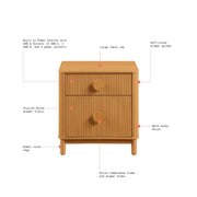 Beautiful 2-Drawer Fluted Nightstand with Built-In Power Station, Warm Honey Finish, Solid Rubberwood