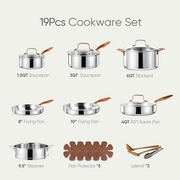 Carote 19-Piece Tri-Ply Stainless Steel Cookware Set, Induction Compatible, Oven Safe, Rose Gold Handles