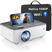 MPBEKING Mini Projector, WiFi Bluetooth, 4K Support, 1080P Full HD, 9500 Lumens Brightness, 12000:1 Contrast Ratio, Dual 5W Speakers, HDMI USB AV VGA TF Inputs, White, Portable with Carrying Case