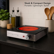 Ovente Infrared Ceramic Single Burner Electric Hot Plate, 1200W, Black Crystalline Glass, Portable Stainless Steel Cooktop, BGI301GB