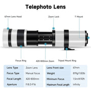 JINTU 420-1600mm f/8.3 HD Manual Telephoto Zoom Lens with 2X Teleconverter, White, Compatible with Canon EOS DSLR Cameras