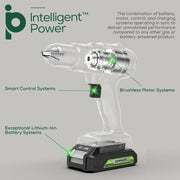 Greenworks 24V Brushless Cordless Drill Kit, 310 in-lbs Torque, 18+1 Position Clutch, 1/2 in Keyless Chuck, 2-Speed Variable Transmission, LED Work Light, Includes Two 2Ah Batteries, Charger, 8-Piece Bit Set, Tool Bag, DDG401