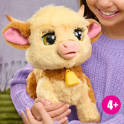 Just Play FurReal Maggie Feed & Follow Cow, 11 Inch Interactive Plush Mini Highland Cow, Reddish-Orange with Blue Collar