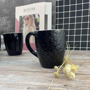 Calenzana Coffee Mug Set, 6 Pack, Embossed Multi-Pattern Black Ceramic Cups, 11.8 fl oz