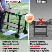 PARGRILL Two-Shelf Folding Grill Cart Table, Heavy-Duty Carbon Steel, Rust-Resistant, Pull-Out Side Table, Large Wheels, Compatible with 17