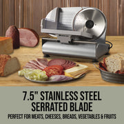 Mossy Oak Electric Meat Slicer, 7.5-Inch Serrated Stainless Steel Blade, Adjustable Thickness Dial, 150-Watt Motor, BPA-Free Food Pusher
