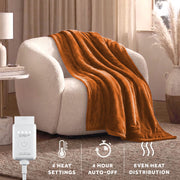Sunbeam Heated Electric Luxe Plush Throw Blanket, Luxury Collection, Gingerbread, 50 x 70 in, 4 Heat Settings