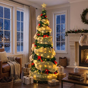 Yexmas Pre-Lit Artificial Christmas Tree with Warm White Lights, Decorated Christmas Tree with Gold Ribbon, Red Bows and Ornaments, Foldable Stand for Indoor Holiday Decor