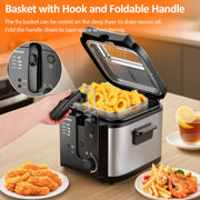 TINANA YH-DF-01 Electric Deep Fryer, 5.9 Qt Enamel Fry Pot, 2.6 Qt Oil Capacity, Stainless Steel, Adjustable Temperature Control, Black