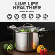 Gotham Steel 8 Qt Stainless Steel Multipurpose Pasta Pot with Built-In Strainer Lid, Twist and Lock Handles, Induction Compatible, Dishwasher Safe, 6612