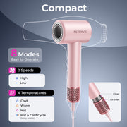 Fetervic Ionic Hair Dryer, 1500W Brushless Motor, 5X Fast Drying, Intelligent Heat Control, Lightweight Low Noise, Gold Pink, DCF-01