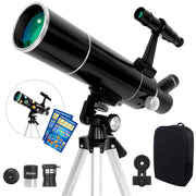 Meezaa 80mm Aperture Refractor Telescope Kit, 500mm Focal Length, 20x-150x Magnification, Black - Aluminum Tripod
