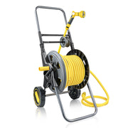 Hortem Garden Hose Reel Cart with 100FT Rubber Hose, 6FT Leader Hose, Adjustable 10-Pattern Sprayer Nozzle, Durable Metal Frame, Smooth-Rolling Wheels