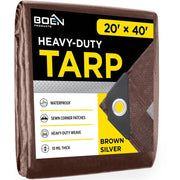 Boen Heavy-Duty Commercial Tarp Cover, 20 ft x 40 ft, 10 Mil Thick Waterproof Polyethylene, Brown Silver, BS-2040