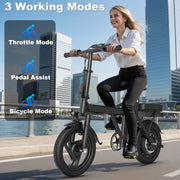 AOVOPRO Electric Bike, 500W Brushless Motor, 48V Detachable Lithium Battery, 14 in Mini Folding Ebike with Dual Adjustable Seats, Hydraulic Shock Absorbers, Disc Brakes, Black, EB60