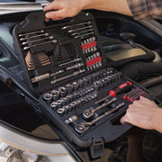 Hyper Tough 41049 145-Piece Mechanics Tool Set, Durable Steel Construction, Organized Storage Case, Red Black Silver