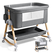 HARPPA 3-in-1 Baby Bassinet Bedside Sleeper with Adjustable Height, Breathable Mesh Sides, Mosquito Net, Storage Basket, Gray, XYT607