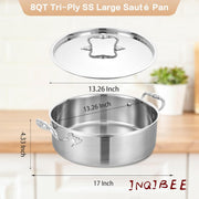 Inqibee Saut Pan with Lid, Tri-Ply Stainless Steel, 13 in, Induction Compatible, Dishwasher and Oven Safe, 8 QT, QB-INQ-3PLY