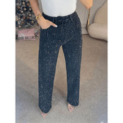 CassandraHayley Womens High-Waisted Rhinestone Washed Denim Pants, Full Rhinestone Detailing, Straight-Leg, Slim Stretch