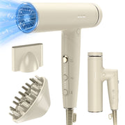 GCZ 1500W Foldable High-Speed Ionic Hair Dryer with Diffuser and Nozzle, 3 Heat and Speed Settings, Ivory, HDH-002