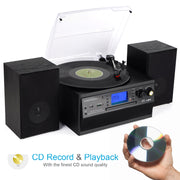 Caymuller Record Player Bluetooth Turntable with CD Player, Cassette, AM/FM Radio, Aux In, Stereo Speakers, Vinyl to MP3 Recording, Silver M504-FX