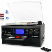Caymuller M503-FX 9-in-1 Retro Turntable w/Built-In Speakers, Bluetooth, AM/FM Radio, CD & Cassette Player, Black