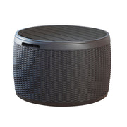 Keter Circa 37 Gallon Round Resin Deck Box with Rattan Texture, Weather-Resistant Outdoor Storage and Seating Bench, Grey, 243554