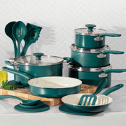 Tramontina Ceramaware 20-Piece Ceramic Nonstick Cookware Set, Green, Aluminum Construction, Tempered Glass Lids, Includes Silicone Trivets and Nylon Utensils