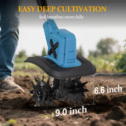 HUSGW 21V Cordless Tiller Cultivator, 9In Clearing Width, 6In Cutting Depth, 4 Steel Tines, Lightweight Handheld Garden Tool