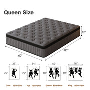 HIKOS 12 Inch Queen Hybrid Mattress, Cooling Gel Memory Foam, Individually Wrapped Pocket Coils, Medium Firm, Euro Top, Gray