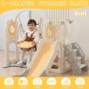 Zimeng 6 in 1 Toddler Slide and Swing Set, Indoor Outdoor Playground Playset, Beige Blue, HDPE Plastic, Includes Slide, Swing, Basketball Hoop, Storage Basket, 3-Story Staircase