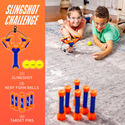 Franklin Sports Nerf Slingshot Challenge Toy Slingshot Target Game with Foam Balls and Target Pins, Blue White Orange, 82109