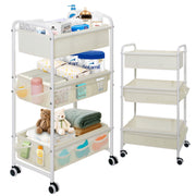 Gofinoday 3-Tier Diaper Caddy Cart with Adjustable Dividers and 8 Mesh Side Pockets, Lockable Wheels, White Metal Frame, 17x11x32 in
