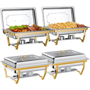 Baokaler Chafing Dish Buffet Set, 4 Pack, 8-9QT Rectangular Semi-Gold-Plated Stainless Steel Buffet Warmers, Dual Fuel Burners, Foldable Legs, BI0014-4PK