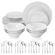 HadinEEon Porcelain Dinnerware Set, 18-Piece Plates and Bowls Set & 20-Piece Silverware Set, White - Microwave Safe