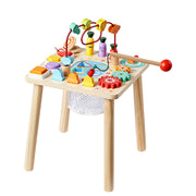 KFFKFF Montessori Toddler Activity Table, 8-in-1 Wooden Learning Desk with Multi-Sensory Play Features, Natural Wood with Colored Accents, Ages 6 Months to 3 Years, AC8354