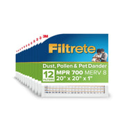 Filtrete 3M HVAC Furnace Air Filter, 20x20x1, MPR 700, MERV 8, Electrostatic Pleated, Dust Pollen Pet Dander Reduction, 12 Pack, 702-12PK-EC