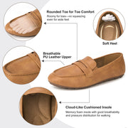 Ecetana Women's Penny Loafers Slip-On Flats, Lightweight Brown Leather Walking Driving Shoes