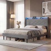 edx Upholstered King Bed Frame with Height-Adjustable Headboard, 3 USB Charging Ports, LED Light Strip, Bluetooth Controller, Gray