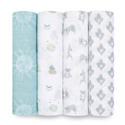 aden + anais Classic Muslin Swaddle Blankets, 4-Pack, 100% Cotton Muslin, Now + Zen Animal Print, 47 in x 47 in, ASWC40012