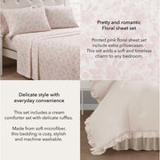 Mainstays 11-Piece Queen Bedding Set, Reversible Cream Ruffle Comforter, Pink Floral Sheet Set, Decorative Pillow