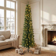 Fehomix 6FT Pre-Lit Pencil Artificial Christmas Tree with 150 Warm White LED Lights, 358 Green PVC Tips, Slim 22-Inch Diameter with Metal Stand for Small Spaces