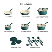 Tramontina Ceramaware 20-Piece Ceramic Nonstick Cookware Set, Green, Aluminum Construction, Tempered Glass Lids, Includes Silicone Trivets and Nylon Utensils