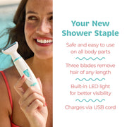 PalmPerfect Rechargeable Electric Women's Shaver with Dual Stainless Steel Blades, Built-in LED Light, Waterproof, Shower Mount, 3918