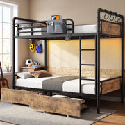 HiJob Twin Over Twin Bunk Bed, Convertible Into 2 Separate Beds, Metal Frame, Vintage Brown, 2 Storage Drawers, USB Charging Station