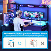 Casacomoda 55 inch Gaming Desk with LED Lights & Power Outlets, Home Office Desk with Reversible Storage Drawers & Monitor Shelves