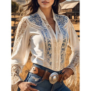 Zanvylia Women's Retro Western Patchwork Blouse with Stand Collar Lace Up & Sheer Lace Long Sleeves, L, Beige